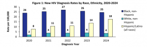 Gráfico de barras que muestra las nuevas tasas de diagnóstico de VIH por raza, etnia 2020-2024. El eje X es por año de diagnóstico y el eje Y muestra la tasa por 100,000.