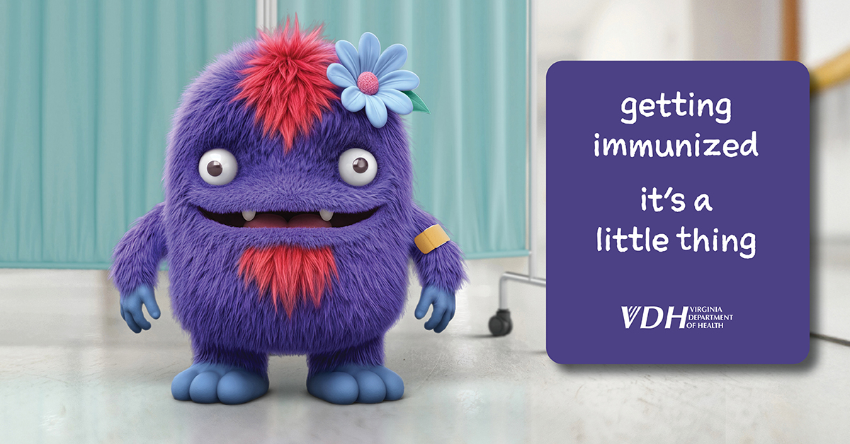 Purple character/monster with words: Getting Immunized - It's a little thing.   