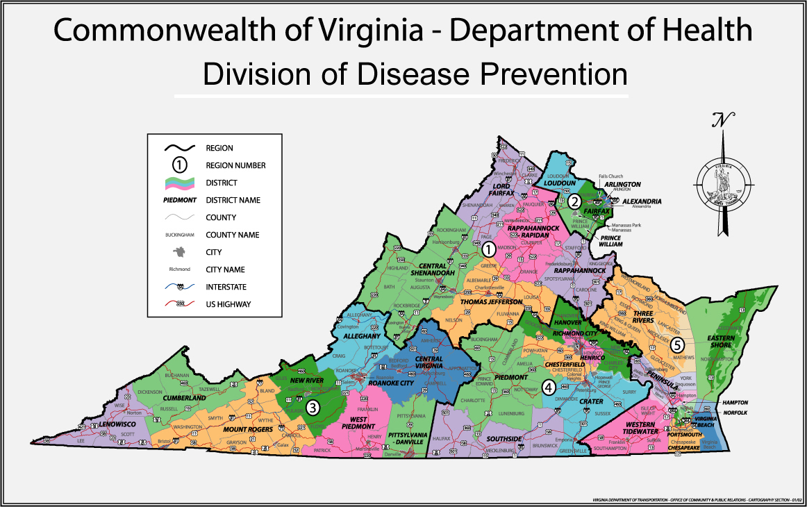 Image of the state of Virginia with VDH health regions and districts displayed