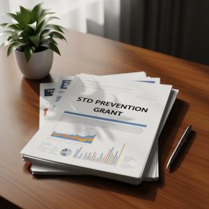 Hình ảnh trang trí: chồng giấy với tờ giấy trên cùng ghi " Trợ cấp phòng ngừa STD "