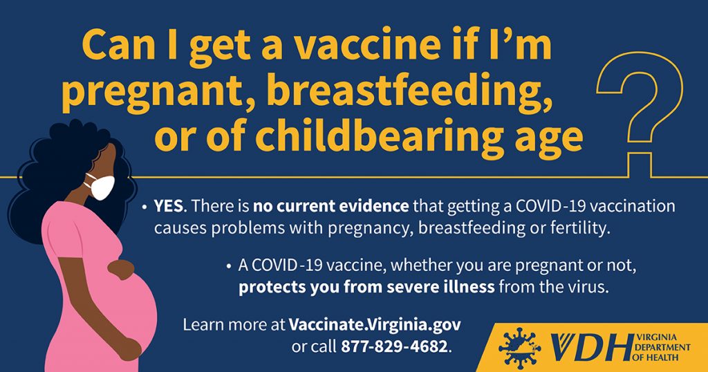 "Can I get a vaccine if I'm pregnant, breastfeeding, or of childbearing age? YES. There is no current evidence that getting a COVID-19 vaccination causes problems with pregnancy, breastfeeding or fertility. A COVID-19 vaccine, whether you are pregnant or not, protects you from severe illness from the virus. Learn more at vaccinate.virginia.gov or all 877-829-4682. VDH logo