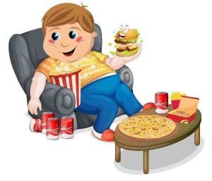 Overweight child surrounded by unhealthy food and drink: soda, pizza, burgers, fries