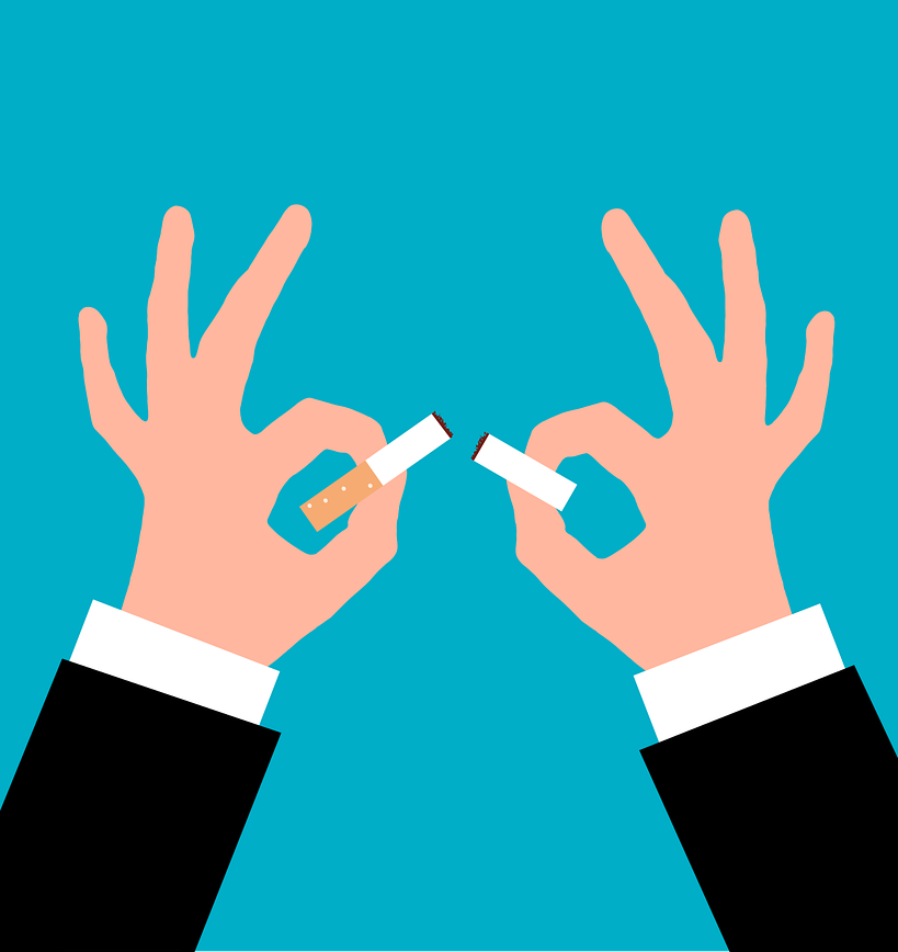 Cartoon illustration of hands breaking a cigarette in half