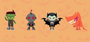 Illustration of cute Halloween characters: Frankenstein, and alien, Dracula, and a werewolf.