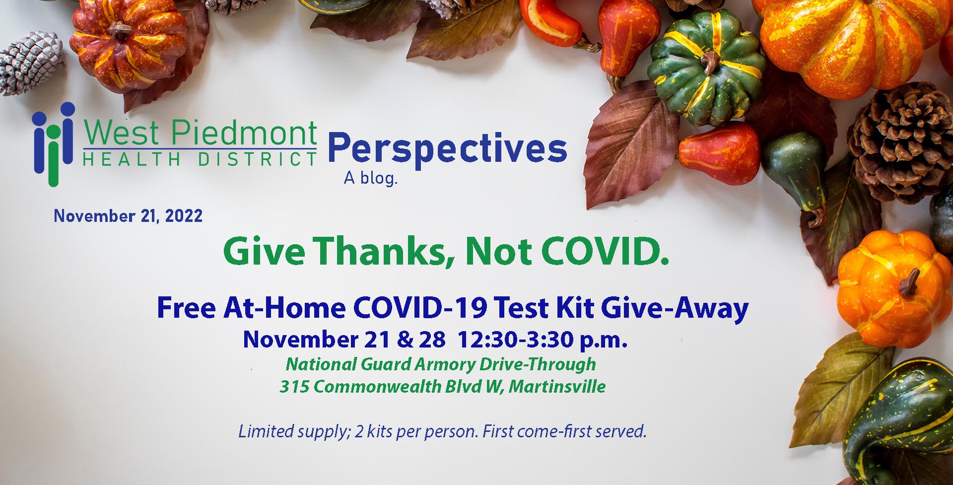 Perspectives Cover banner: Free COVID-19 Test Kits Drive Thru Nov. 21 & 28, 12:30-3:30pm National Guard Armory, Martinsville
