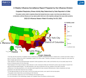 Map of US showing levels of respiratory illnesses by state.