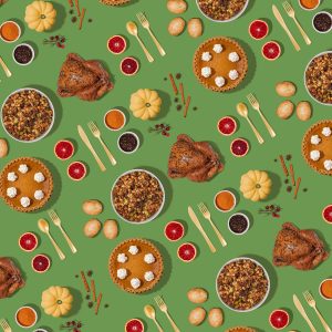 Background image of repeating rows of holiday foods, such as pie, turkey, etc.