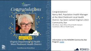 Images announcing the awarding of the Virginia's 2022 Community Star by the Office of Rural Health to WPHD's Nancy Bell.