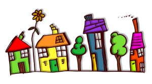 Colorful illustration of houses in a neighborhood