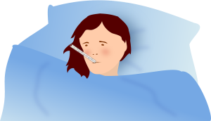 Illustration of ill person in bed with thermometer in mouth