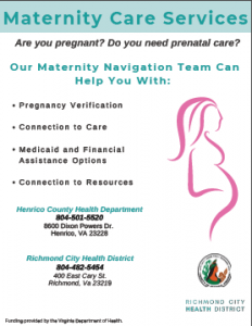 A thumbnail image of a flyer with information about Richmond-area maternal care services.