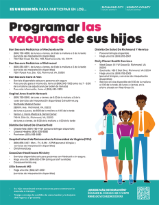 Spanish-language thumbnail image of a flyer discussing the importance of making sure your child has all the immunizations required to attend school, including a list of providers.