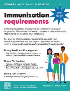 Thumbnail image of a flyer discussing the importance of making sure your child has all the immunizations required to attend school.