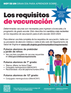 Spanish-language thumbnail image of a flyer discussing the importance of making sure your child has all the immunizations required to attend school.