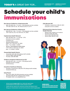 Thumbnail image of a flyer discussing the importance of making sure your child has all the immunizations required to attend school, including a list of providers.