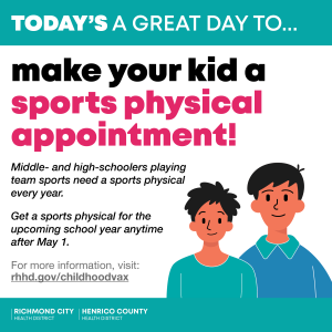 Social media image discussing the importance of making sure you schedule your child's sports physical before school starts.
