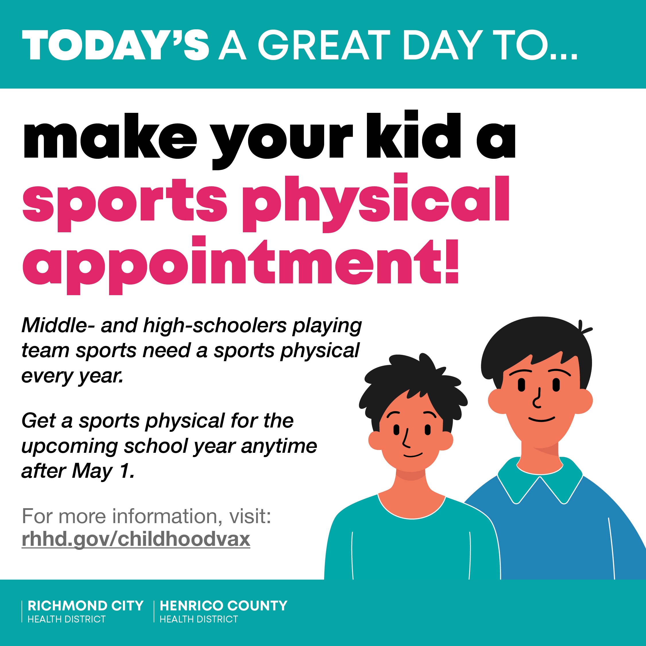 An image describing how to up an appointment for a child's sports physicals.
