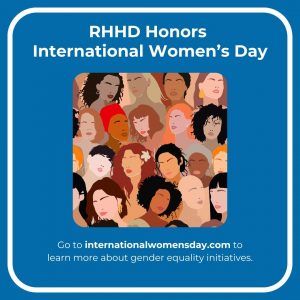 A social media post with an illusration of women's faces and a link to internationalwomensday.com