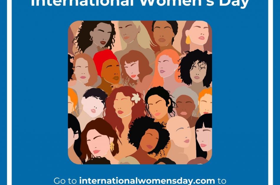 A social media post with an illusration of women's faces and a link to internationalwomensday.com