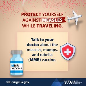 Una imagen en redes sociales. Protégete del sarampión mientras viajas. Habla con tu médico sobre la vacuna contra el sarampión, paperas y rubéola (MMR).
