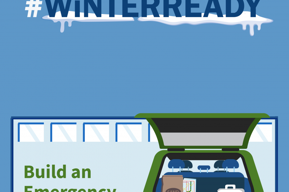 #winterready construir un kit de emergencia para autos y una ilustración de un auto con su tunk abierto delante de un garaje. El baúl contiene suministros de emergencia como un botiquín de primeros auxilios y un raspador de hielo.