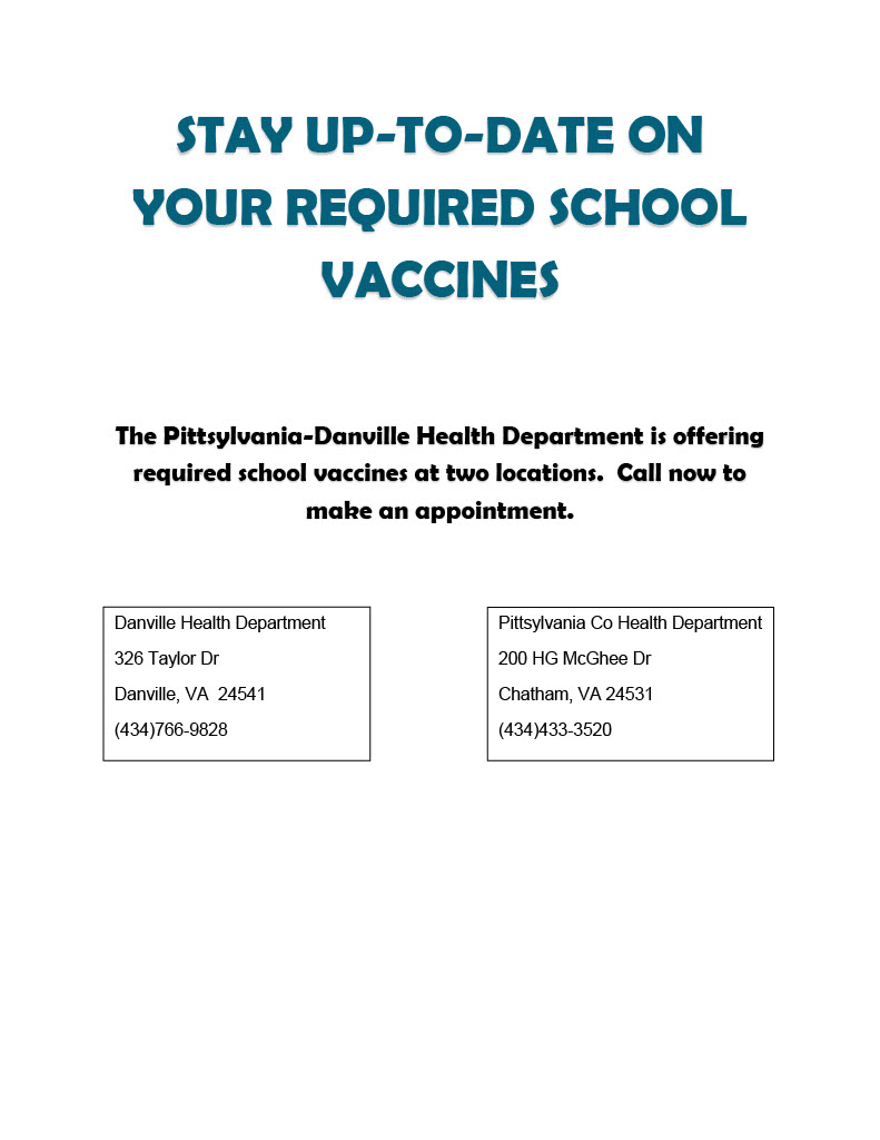 Flyer to remind individuals to stay up to date on required school vaccines with contact information for the two health departments. 