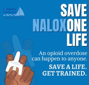 Picture saying "Save Naloxone Life. An opioid overdose can happen to anyone. Save a life. Get Trained. Narcan training and kits are provided to you for free."