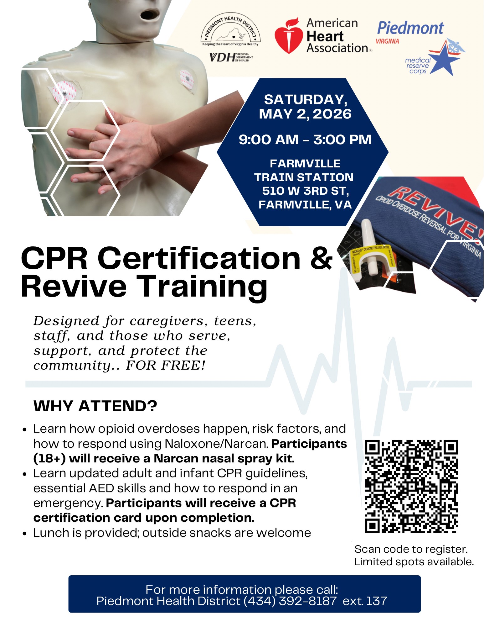 CPR Certification and Revive Training offered by Piedmont Health District.
