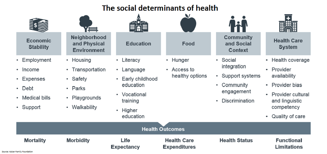 The social determinants of health chart with examples:
Economic stability - employment, income, expenses, etc. 
Neighborhood and Physical Environment - housing, transportation, etc. 
Education - literacy, language, early childhood education, etc. 
Food - hunger, access to healthy options
Community and Social Context - social integration, support system
Health Care System - health coverage, provider ability, provider bias 

Health Outcomes - mortality, morbidity, life expectancy, etc. 