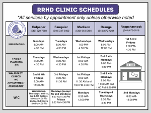 RRHD Clinic Schedules for Immunizations, Family Planning, STI (including walk-in clinics), and WIC
