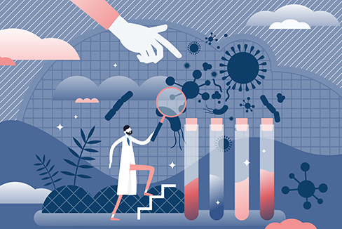 Esta imagen es una ilustración estilizada de un científico examinando microorganismos con una lupa. La escena incluye tubos de ensayo con líquidos coloreados, formas abstractas que representan bacterias o virus y una gran mano que apunta desde arriba. La combinación de colores es en azules suaves, rosas y grises.