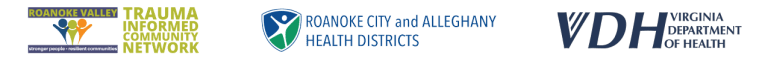 Roanoke valley trauma informed community network logo - Roanoke city and Alleghany health districts logo - VDH logo