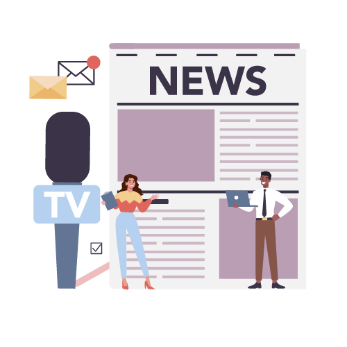 illustration of people standing in front of a giant newspaper and mic