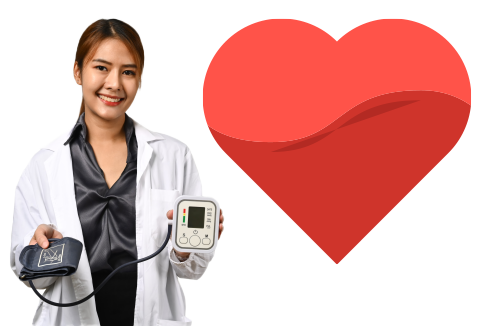 Photo of woman holding blood pressure cuff with an illustration of a heart off to the side.