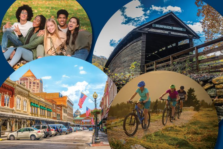 4 burbujas que representan: un grupo de amigos sentados en un parque riendo, un puente cubierto etiquetado como "puente jorobado", el área del mercado de agricultores de la ciudad de Roanoke y un grupo de 4 personas en bicicleta.