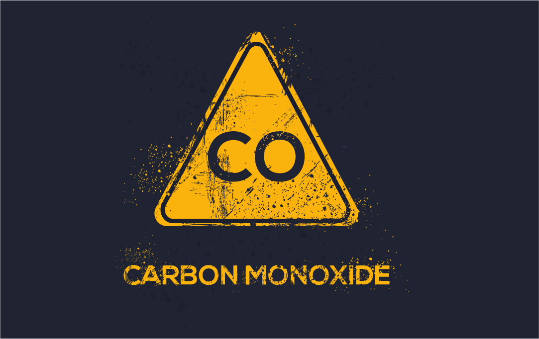 Ilustración de un letrero de triángulo amarillo con CO escrito en él con el texto Monóxido de carbono debajo sobre un fondo negro. El signo y el texto están desgastados.