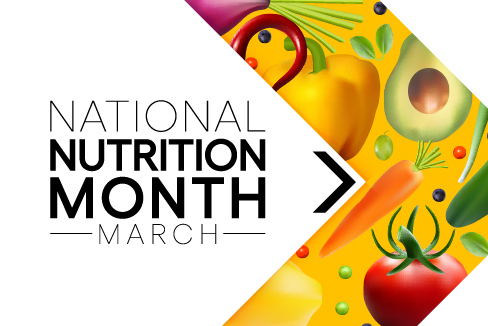 Mes Nacional de la Nutrición - Marzo con ilustración de alimentos saludables a un lado en forma de V lateral