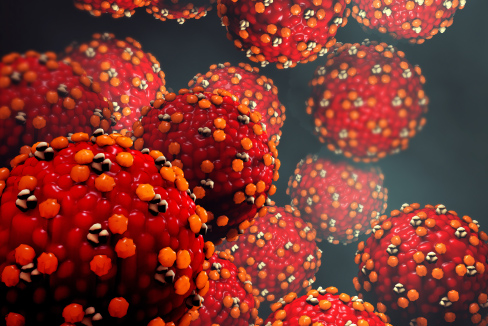 3D Representación del virus del sarampión bajo el microscopio