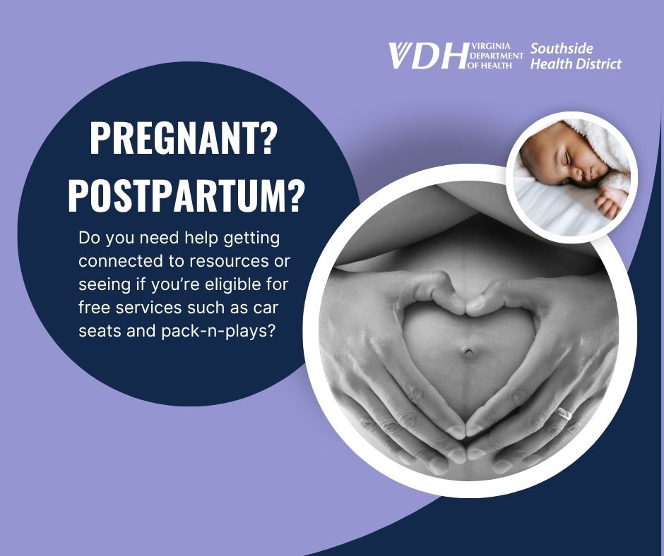 Infographic asking if pregnant or postpartum women need assistance with resources, car seats, or pack-n-plays. 