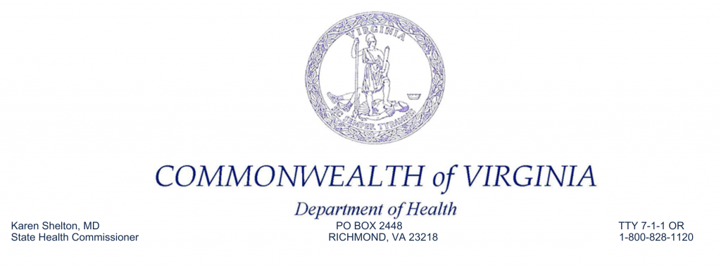 ورق رسمي من إدارة الصحة في ولاية فرجينيا: الدكتورة كارين شيلتون، مفوضة الصحة بالولاية، وزارة الصحة في ولاية فرجينيا، صندوق بريد 2448 ريتشموند، فرجينيا 23218 800-828-1120 أو TTY 7-1-1