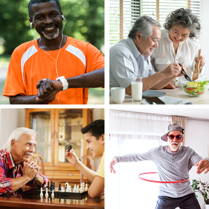 Four square pictures of one person jogging, eating healthy, playing chess and hulahooping