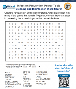Splash Zone Maze Infection Prevention Word Search on Cleaning and Disinfection