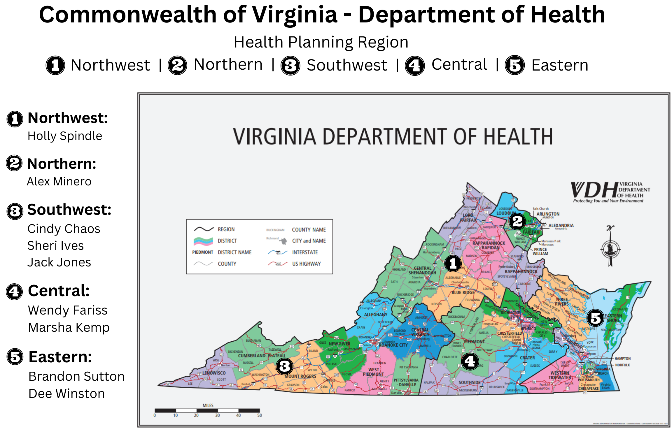 Virginia 내 감염 예방 전문가가 있는 5 지역 지도