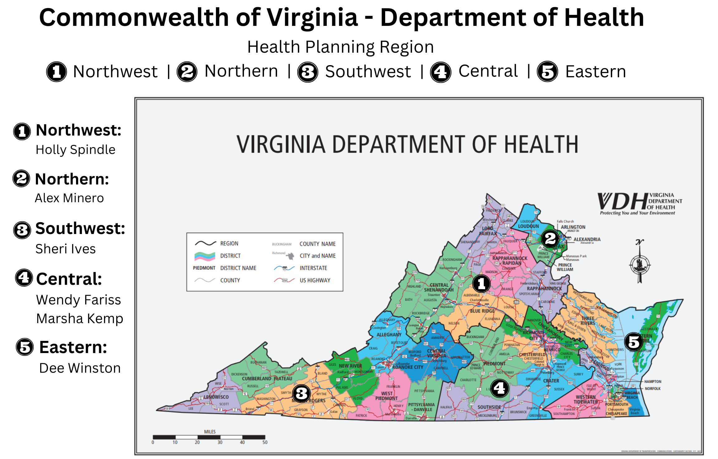 Imagen de la Commonwealth of Virginia con 5 regiones y sus prevencionistas de infecciones 