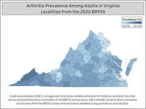 Virginia map of Arthritis in adults 2020