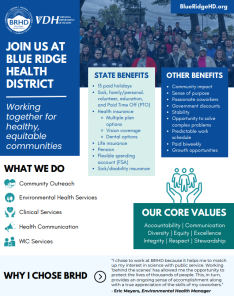 Document listing benefits of working for the Virginia Department of Health