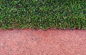Image of synthetic turf showing the tire crumb rubber spilling onto the neighboring track.