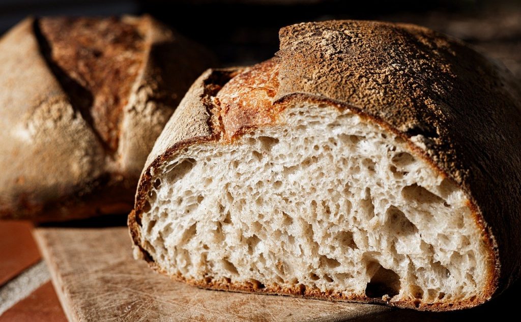 Close up of the interior of a loaf of bread showing bread texture