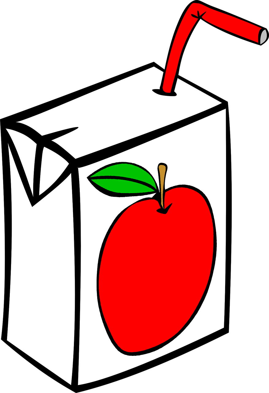 Imagen de dibujos animados de una caja de jugo con pajita y una imagen de una manzana en la portada
