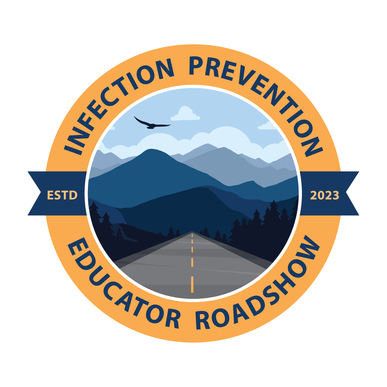 Infection Prevention Educator Roadshow Logo - Gold and Navy showing a road leading into Virginia mountains